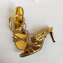 Load image into Gallery viewer, Saint Laurent Strappy Gold Rhinestone Sandal - 39
