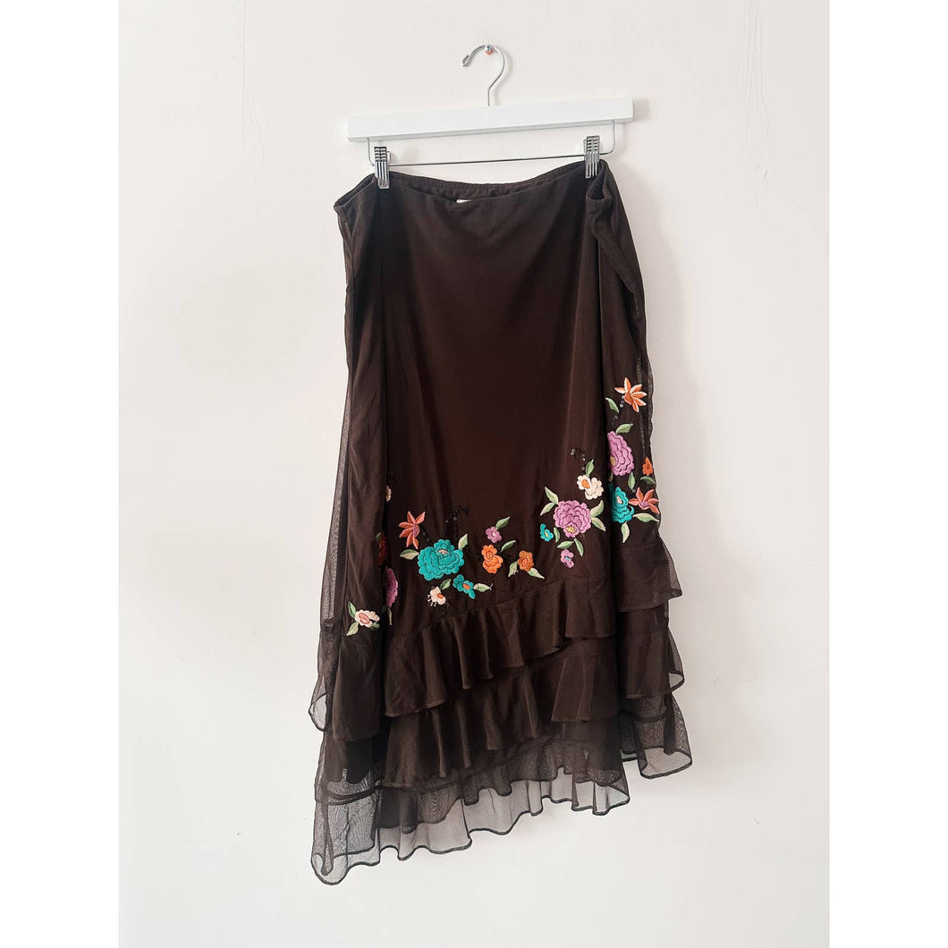 Embroidered Floral Nylon Maxi Skirt - XXL